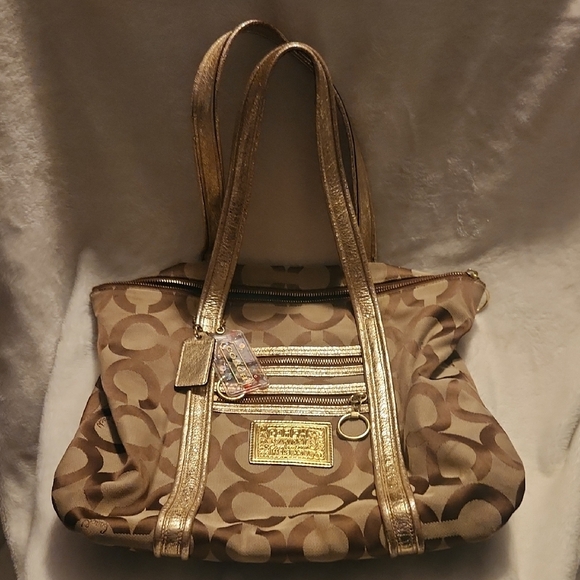 Coach Poppy Gold and Brown Tote Bag With 2 Hang Tags EUC - Picture 1 of 6